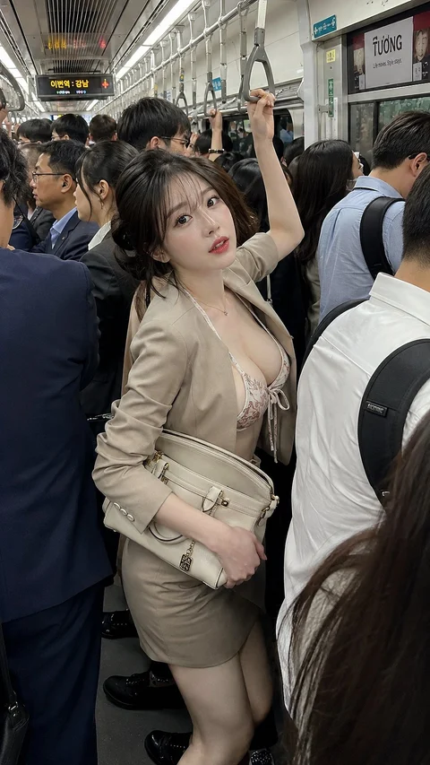 A woman wearing a beige suit stands among commuters in a crowded train carriage.