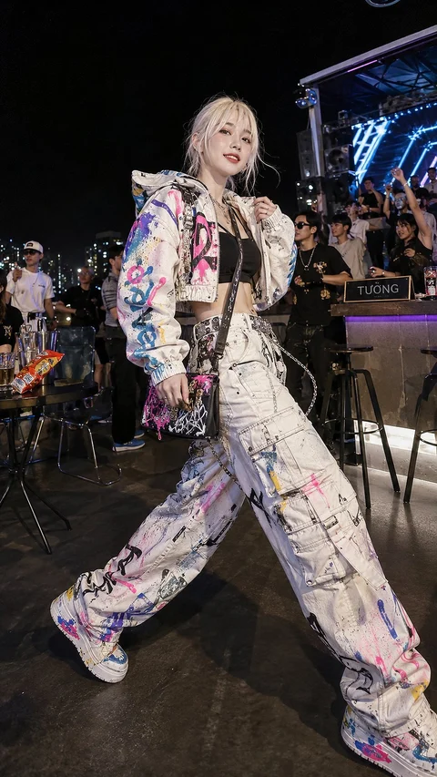 A person in a colorful patterned jacket and wide-legged trousers walks past tables and spectators at an evening event.