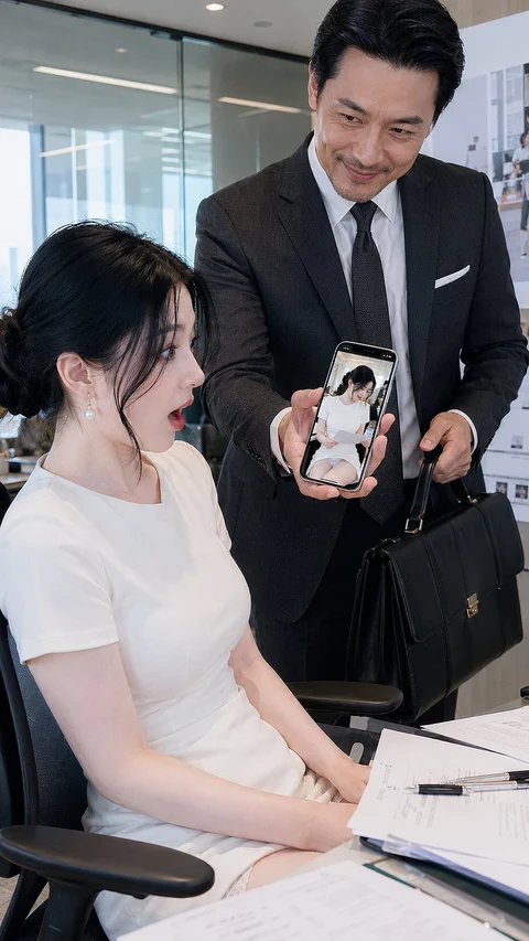 A suited man holds out a phone to a seated woman at a desk in a bright office.