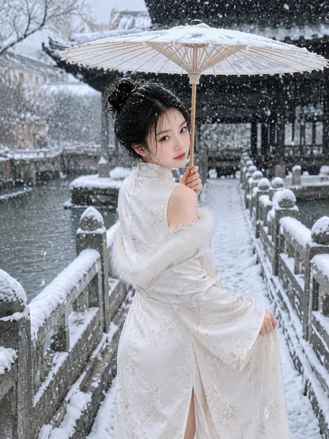 A person in layered white clothing holds a white umbrella on a snow-covered wooden walkway.