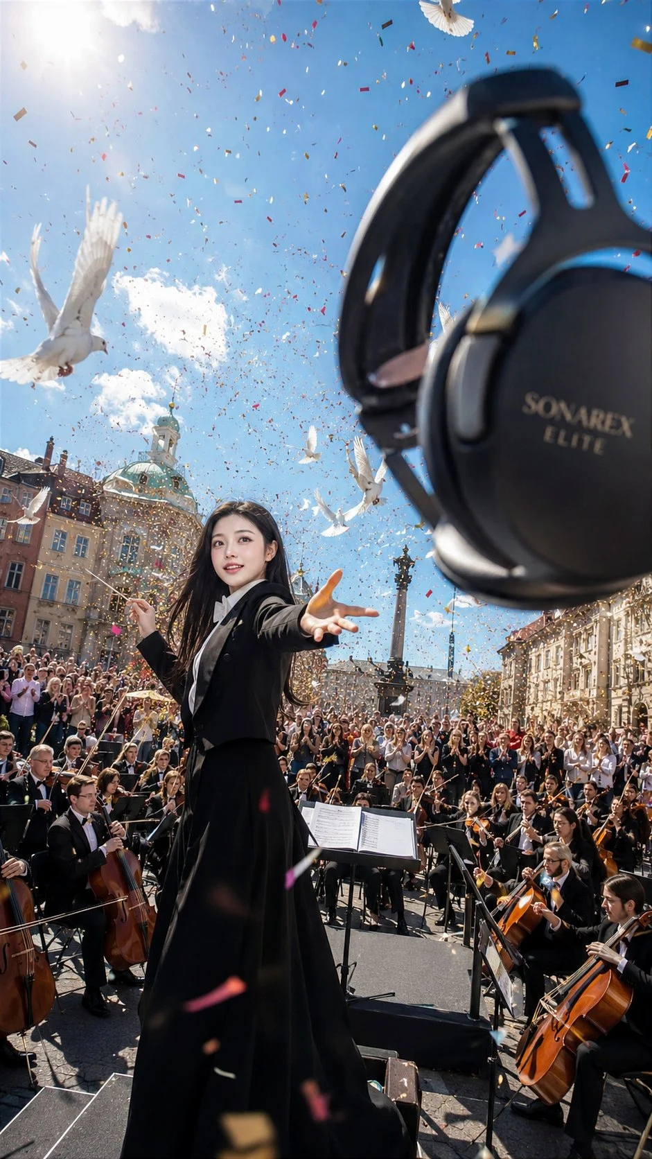 A conductor leads an outdoor orchestra beneath oversized floating headphones and white birds.
