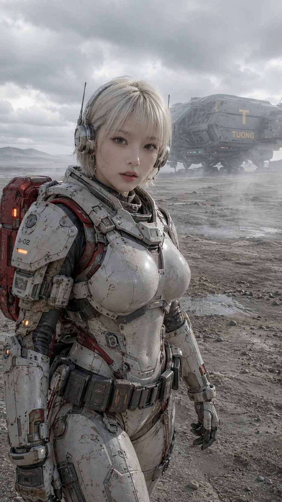 A short-haired woman in detailed silver armor stands on rocky ground with a gray sky overhead.