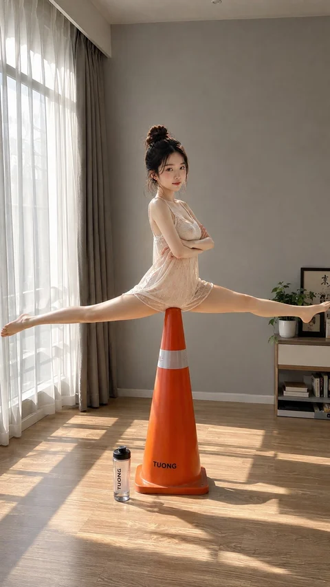 A woman in a pale outfit holds a wide split above an orange traffic cone near a sunlit window.