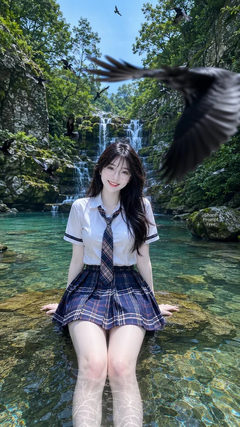 A person in a white blouse, dark tie and blue plaid skirt sits beside clear water under trees.