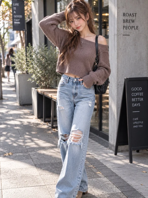 Casual denim portrait outside a cafe